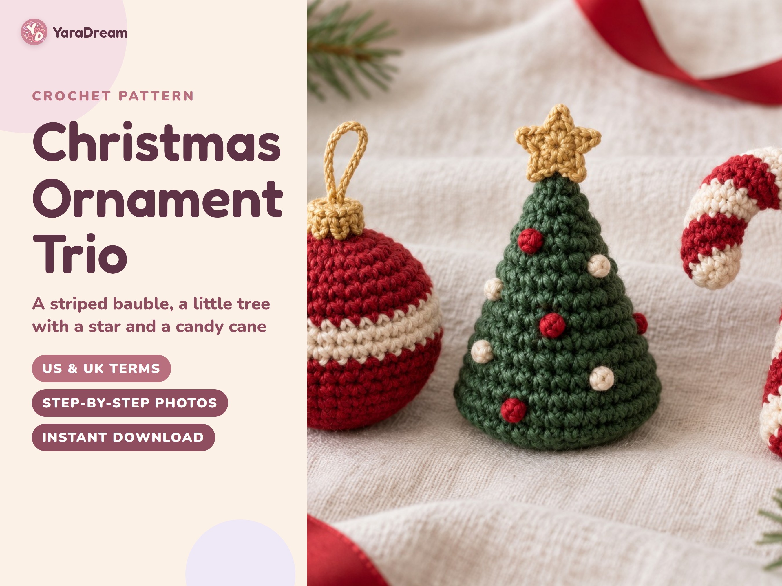 Crochet Christmas Ornaments Pattern: Bauble, Mini Tree and Candy Cane, US & UK Terms