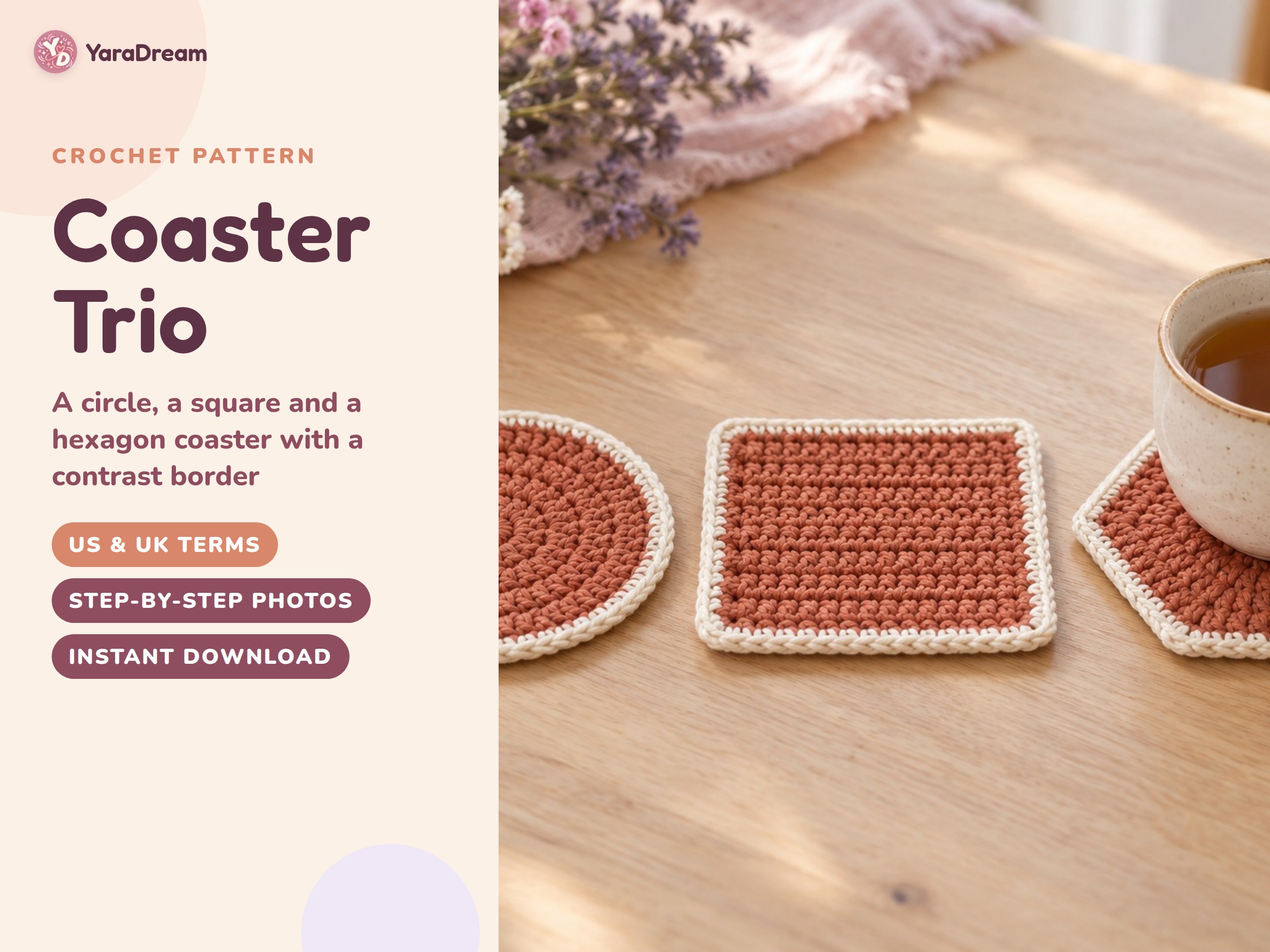 Beginner Crochet Coaster Pattern Set: Circle, Square and Hexagon in Cotton, US & UK Terms