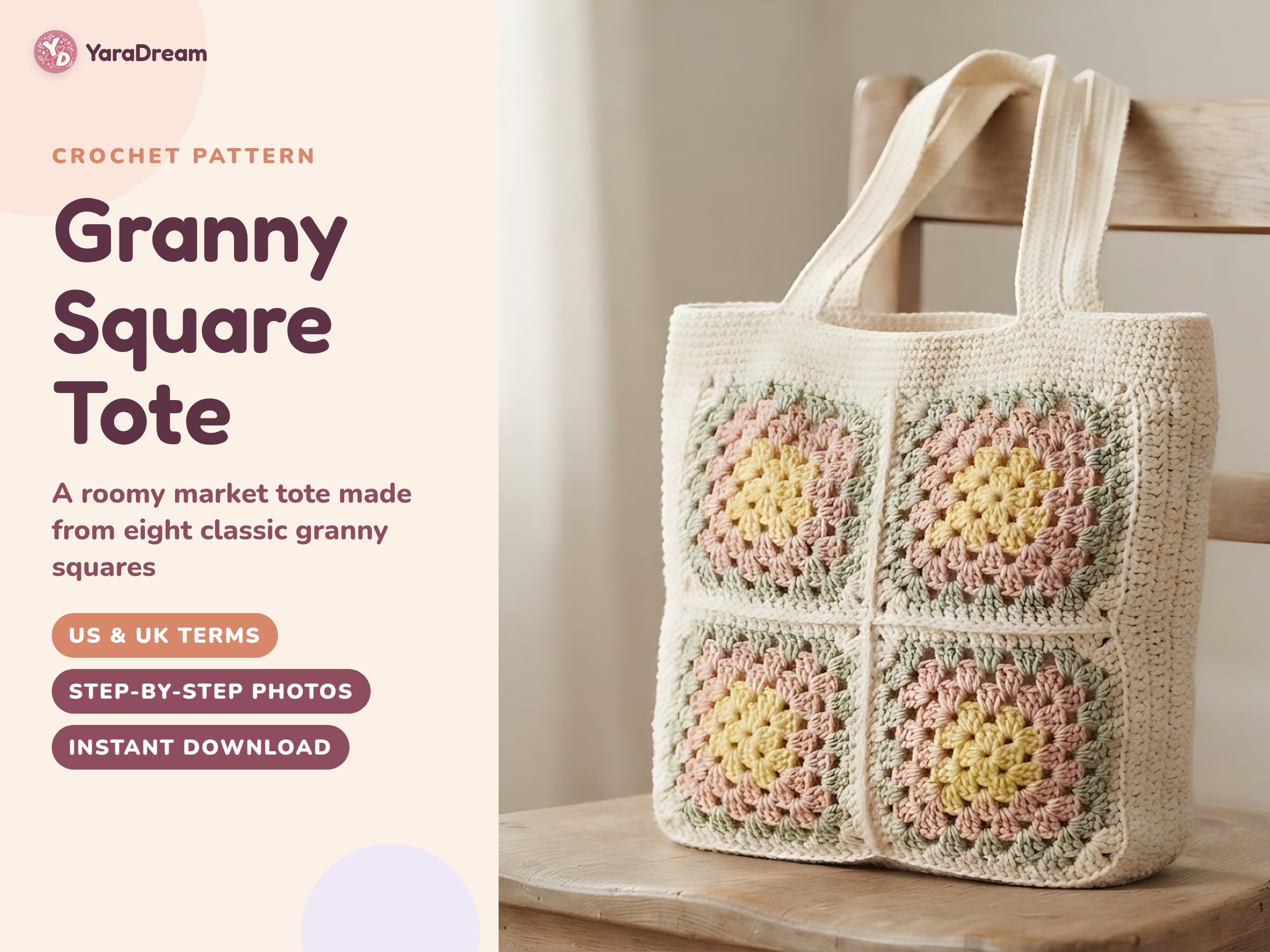 Granny Square Tote Crochet Pattern, Cotton Market Shoulder Bag PDF, US & UK Terms