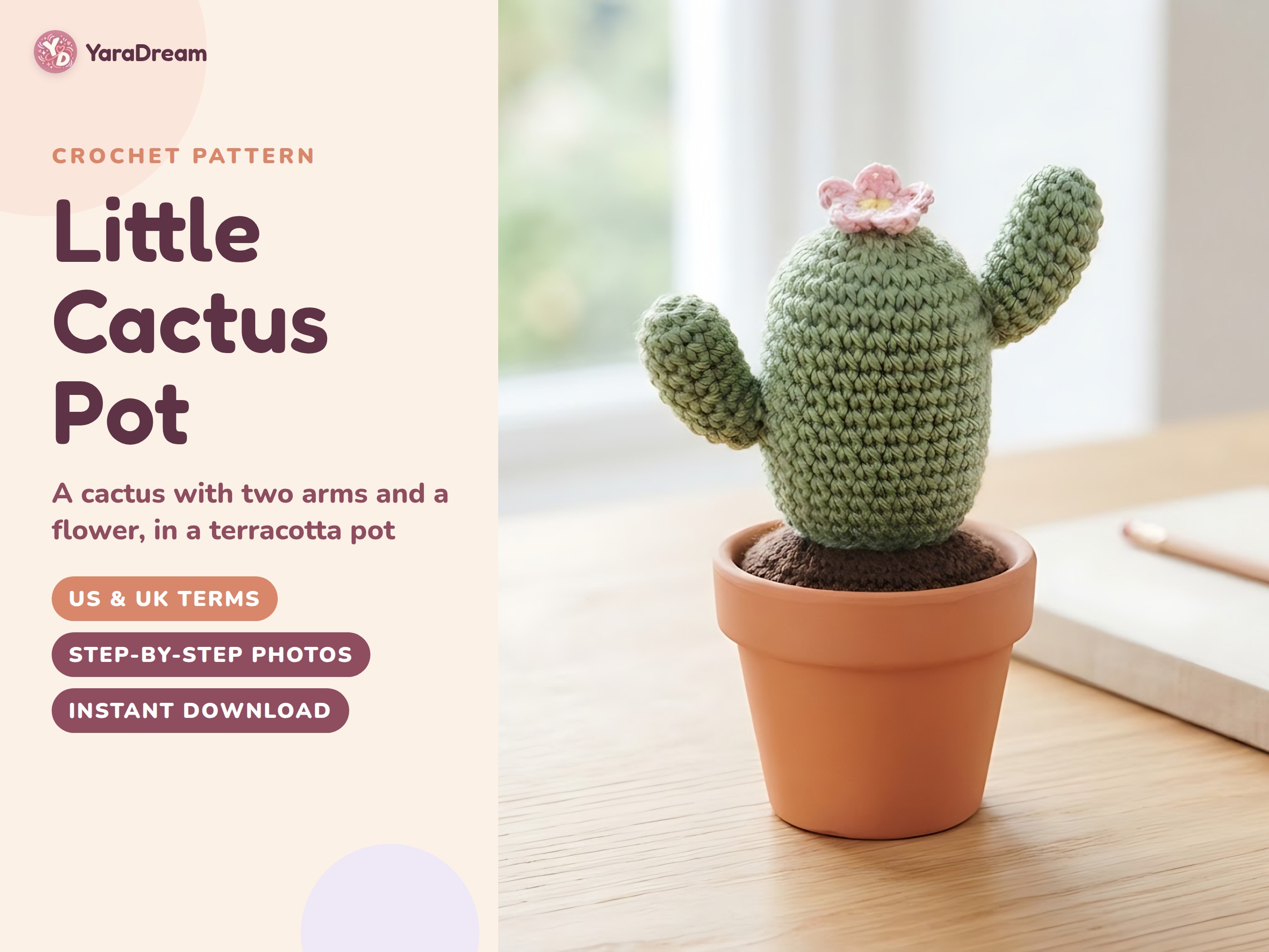Cactus Pot Crochet Pattern, Amigurumi Succulent Desk Decor PDF, US & UK Terms