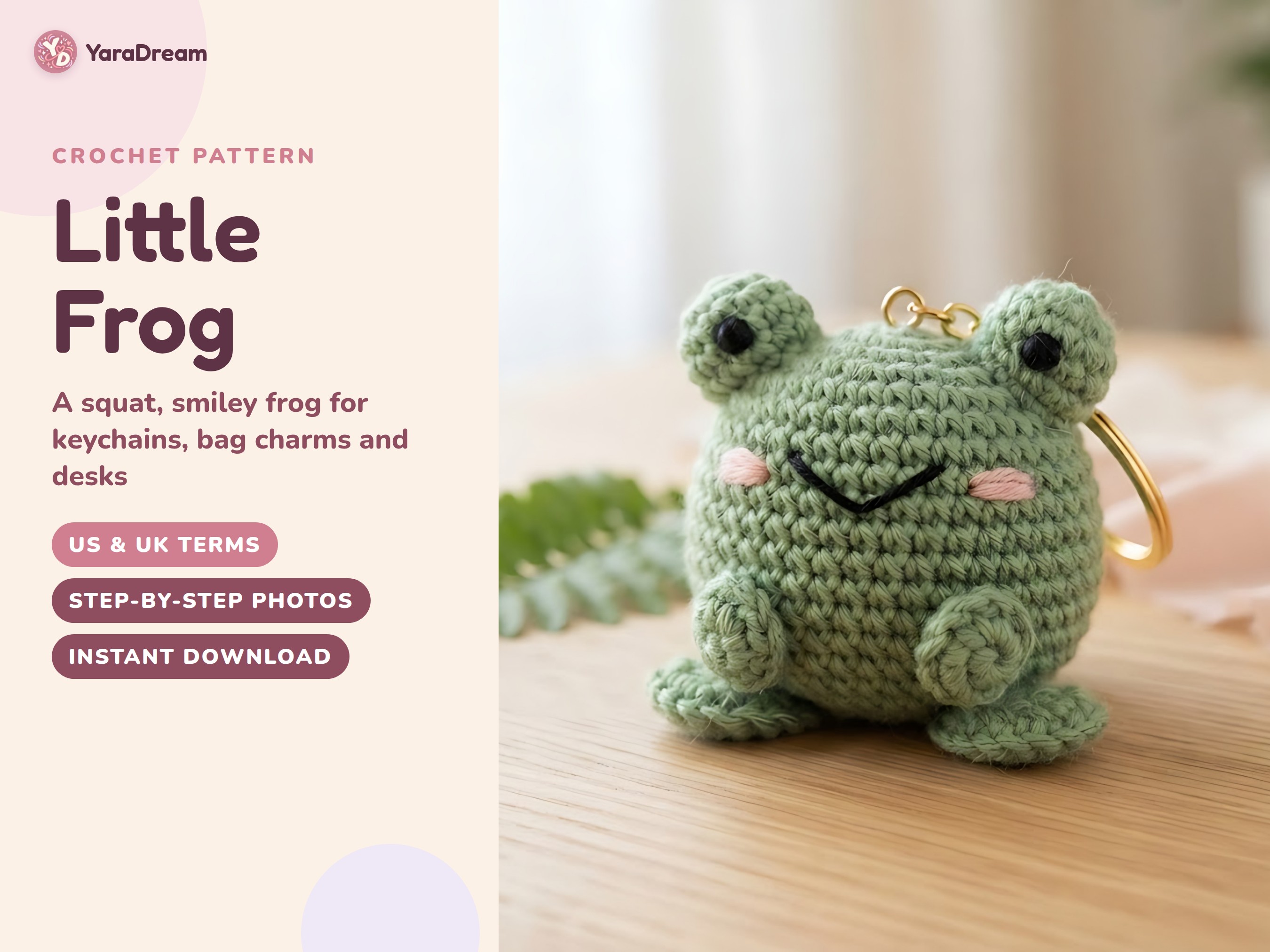 Frog Keychain Crochet Pattern, Easy Amigurumi Bag Charm PDF, US & UK Terms