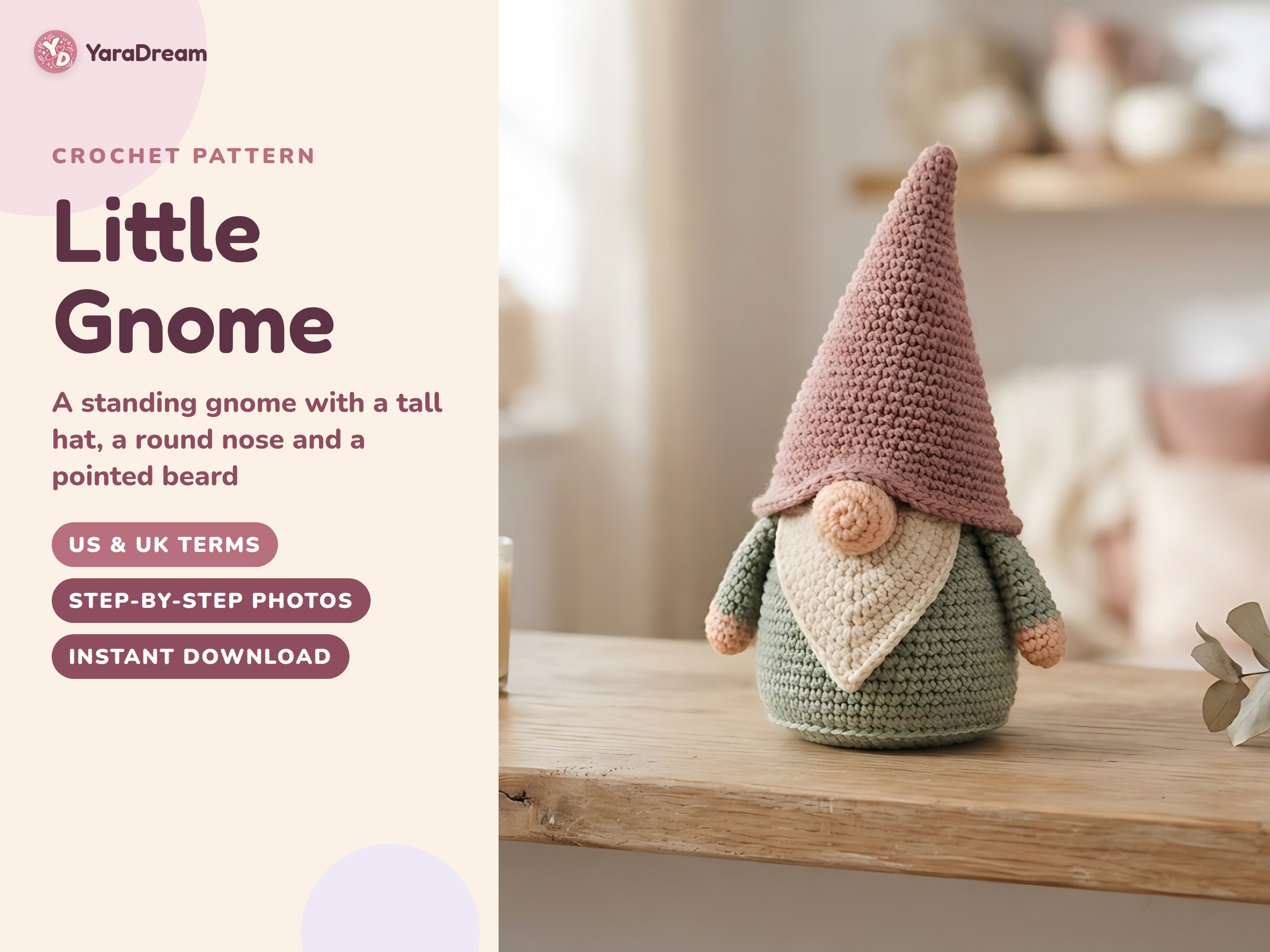 Little Gnome Crochet Pattern, Amigurumi Tall Hat Shelf Decor PDF, US & UK Terms