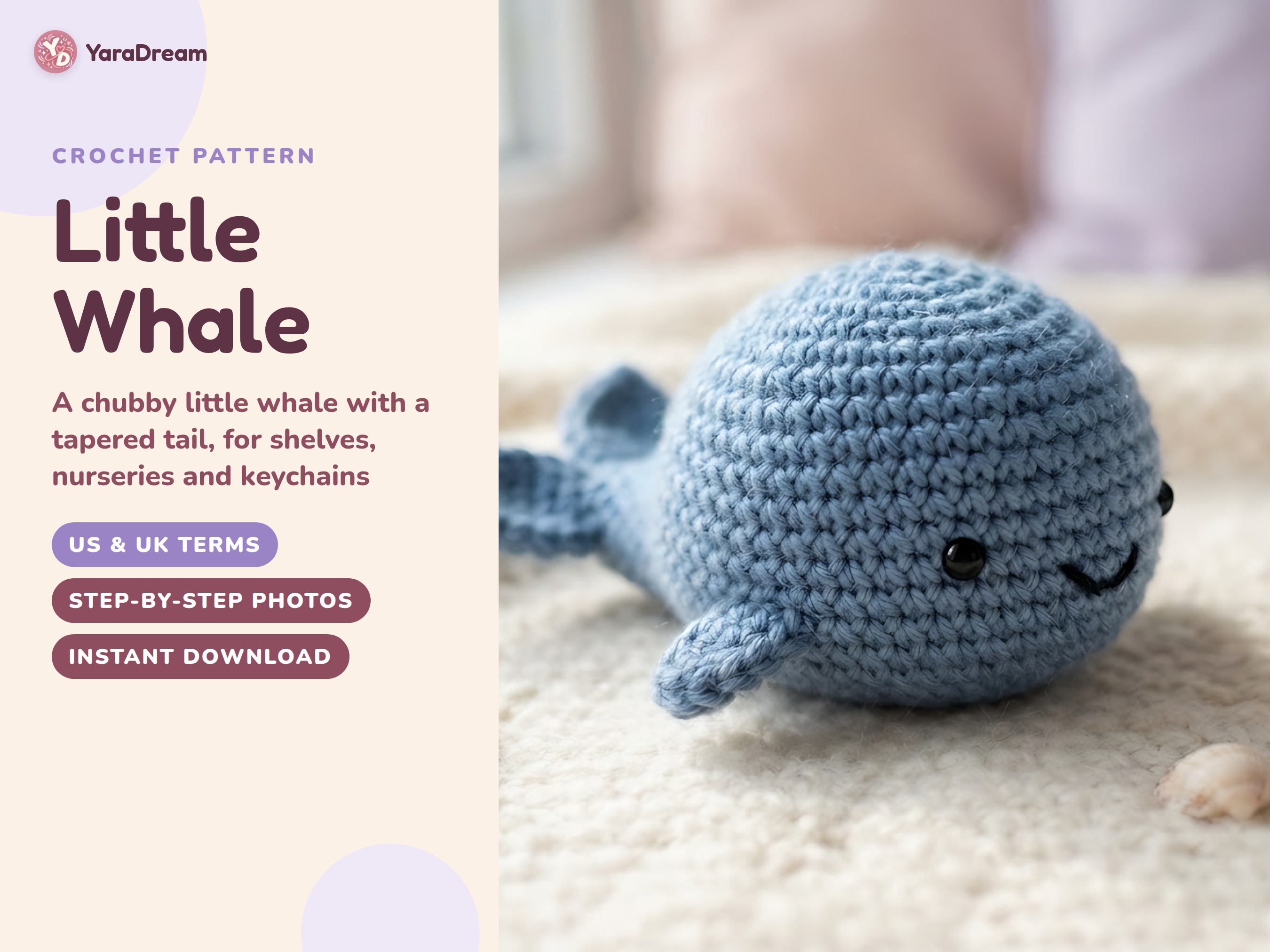 Whale Crochet Pattern, Amigurumi Nursery Decor and Keychain PDF, US & UK Terms