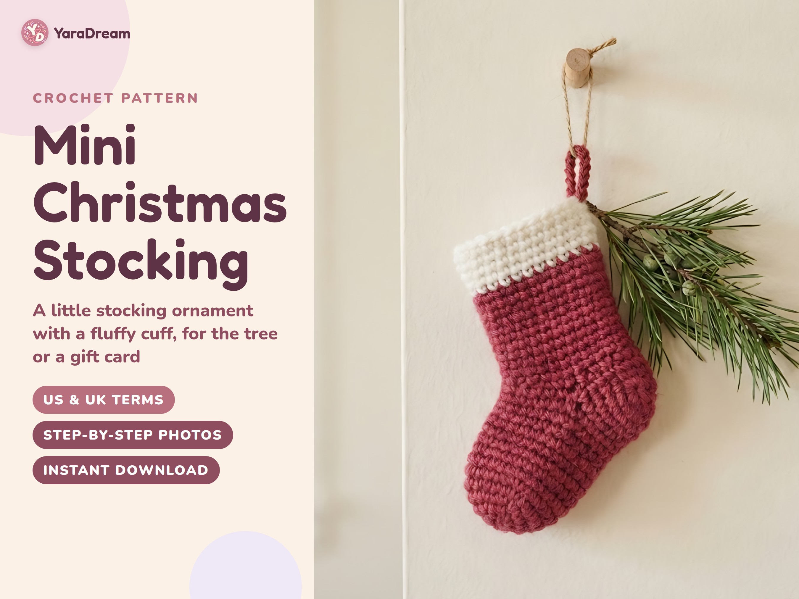 Mini Christmas Stocking Crochet Pattern, Ornament and Gift Card Holder PDF, US & UK Terms
