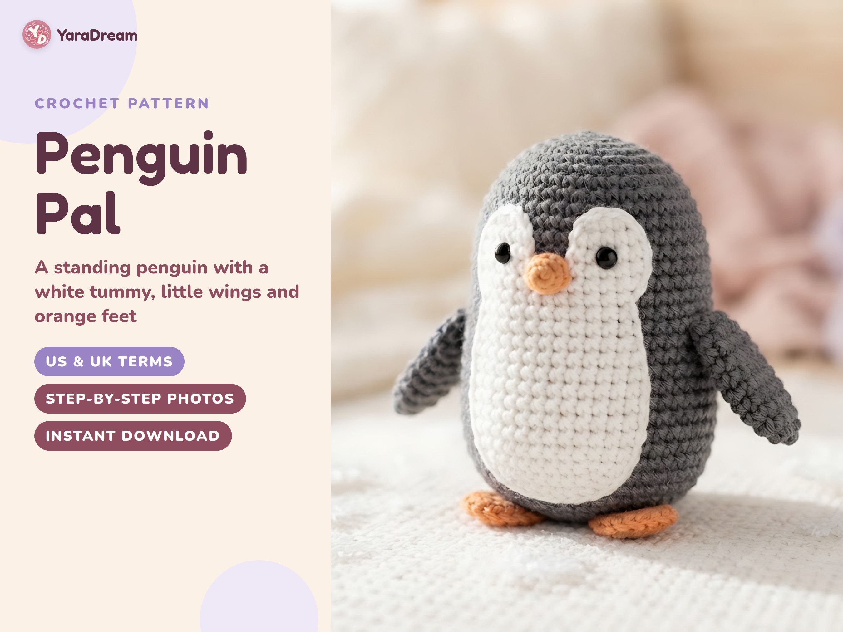Standing Penguin Crochet Pattern, Amigurumi Winter Animal Toy PDF, US & UK Terms