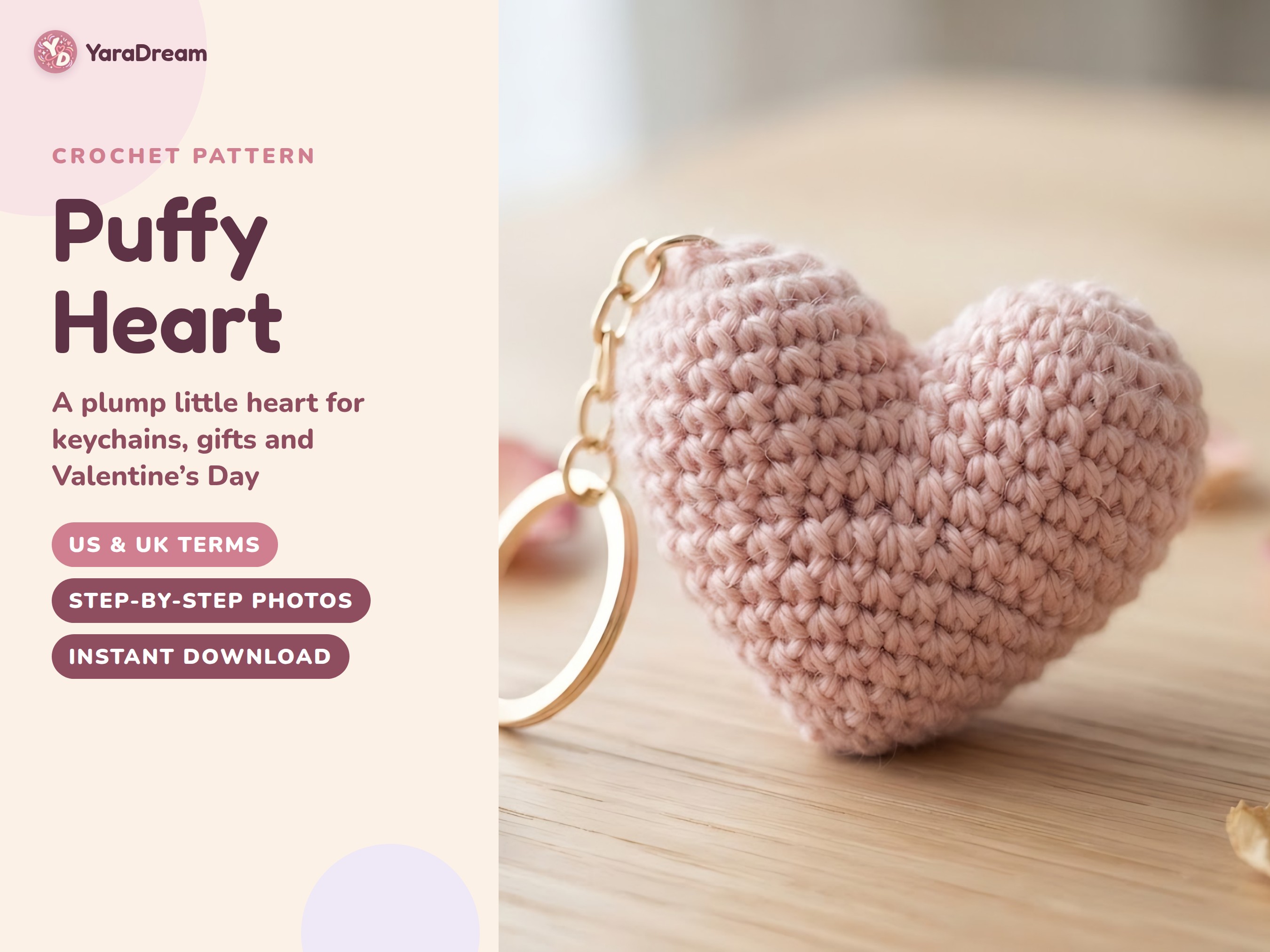 Puffy Heart Crochet Pattern, Amigurumi Keychain and Bag Charm PDF, US & UK Terms