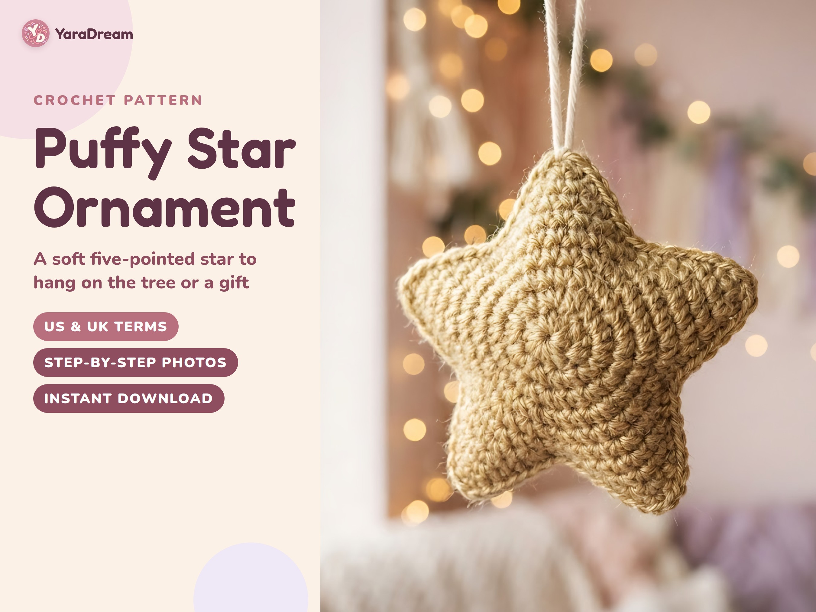 Easy Puffy Star Crochet Pattern, Christmas Tree Ornament PDF, US & UK Terms