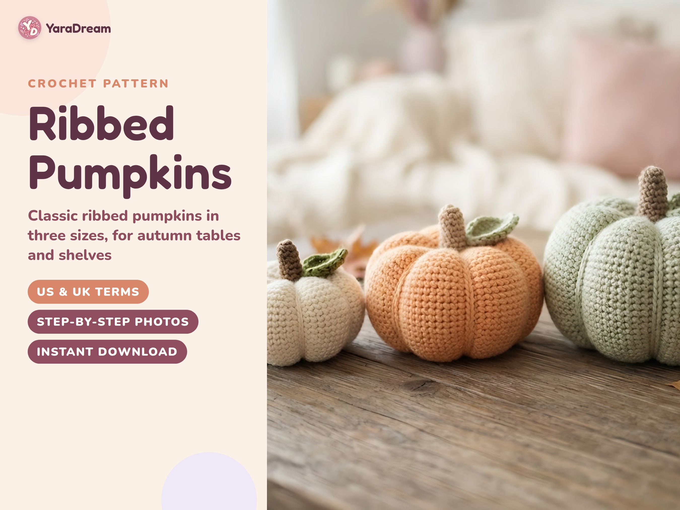 Ribbed Pumpkin Crochet Pattern in 3 Sizes, Autumn Table Decor PDF, US & UK Terms