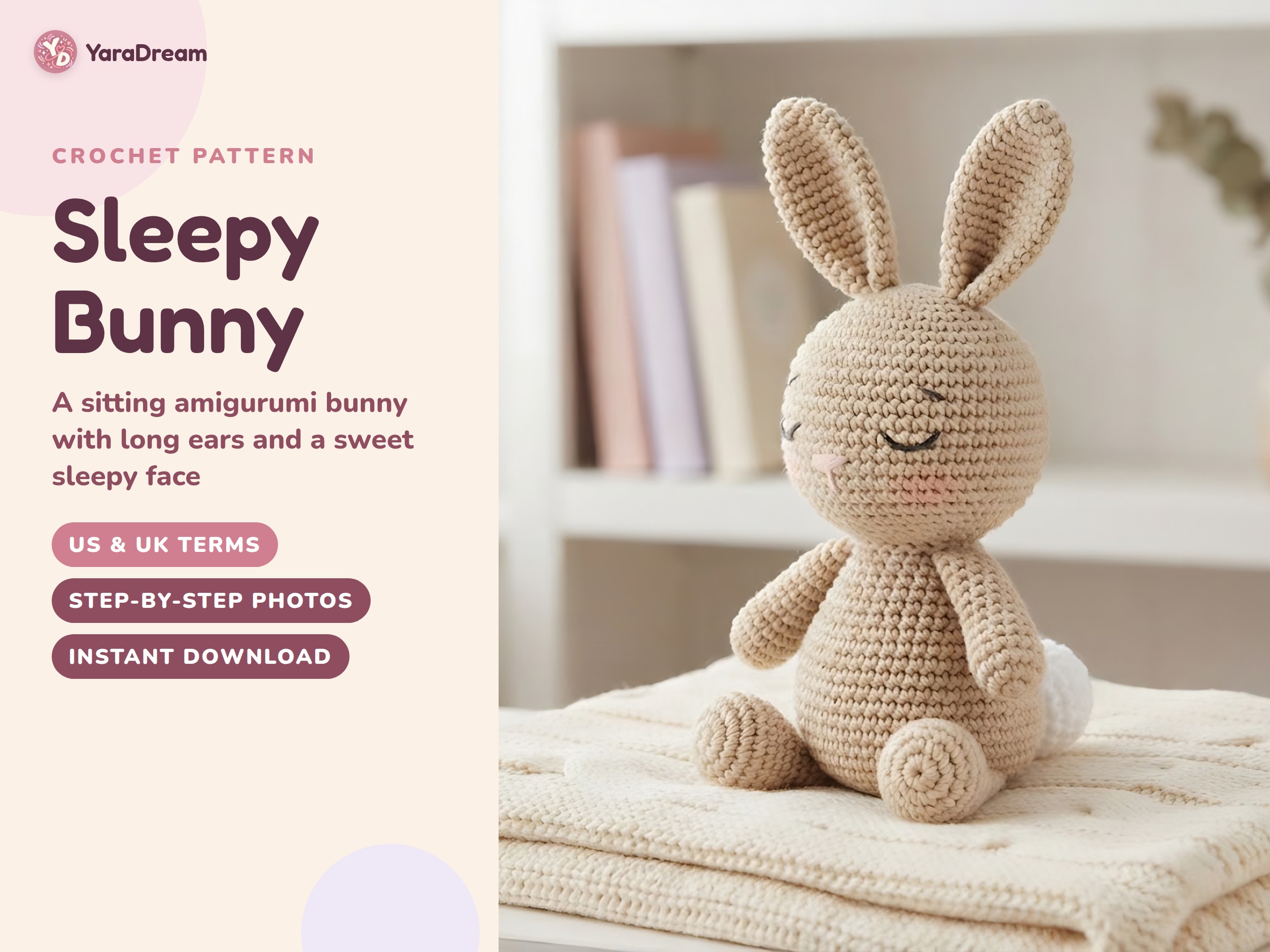 Sleepy Bunny Crochet Pattern, Easy Amigurumi Easter Rabbit Toy PDF, US & UK Terms