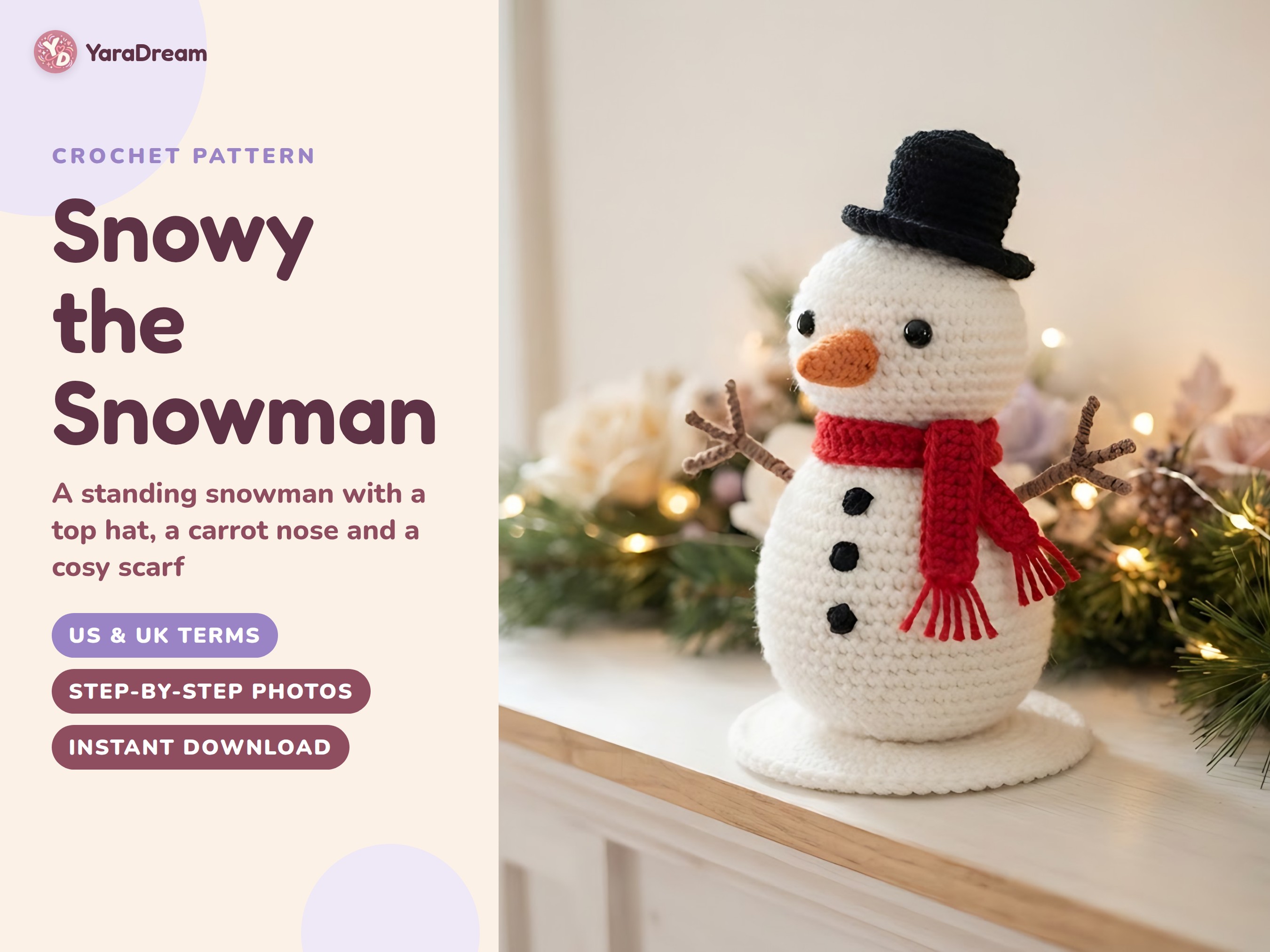 Snowman Crochet Pattern, Amigurumi Christmas Decor with Top Hat and Scarf, US & UK Terms