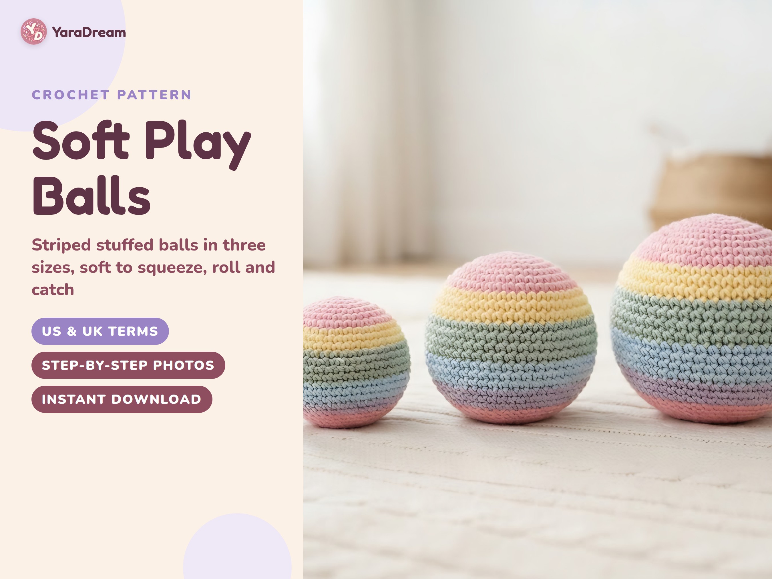 Crochet Ball Pattern in 3 Sizes, Striped Baby Play Toy PDF, US & UK Terms