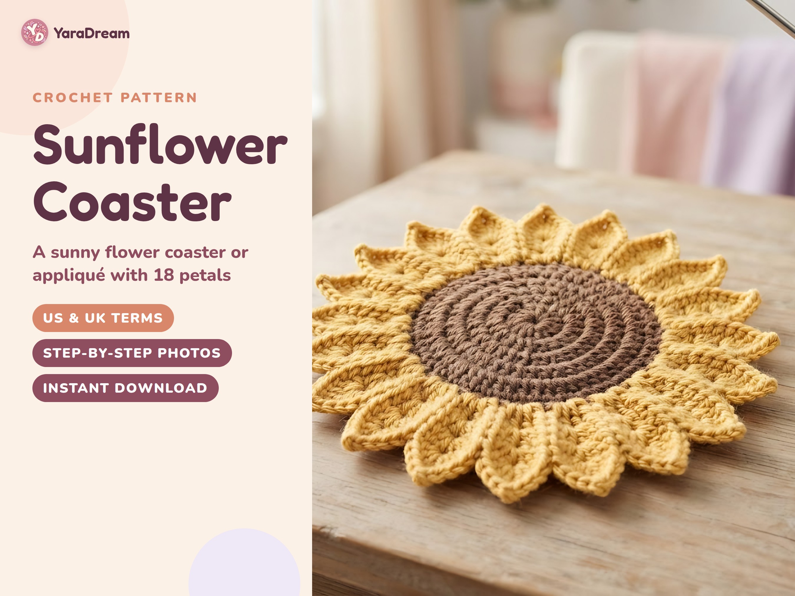 Sunflower Coaster Crochet Pattern, Flower Applique with 18 Petals PDF, US & UK Terms
