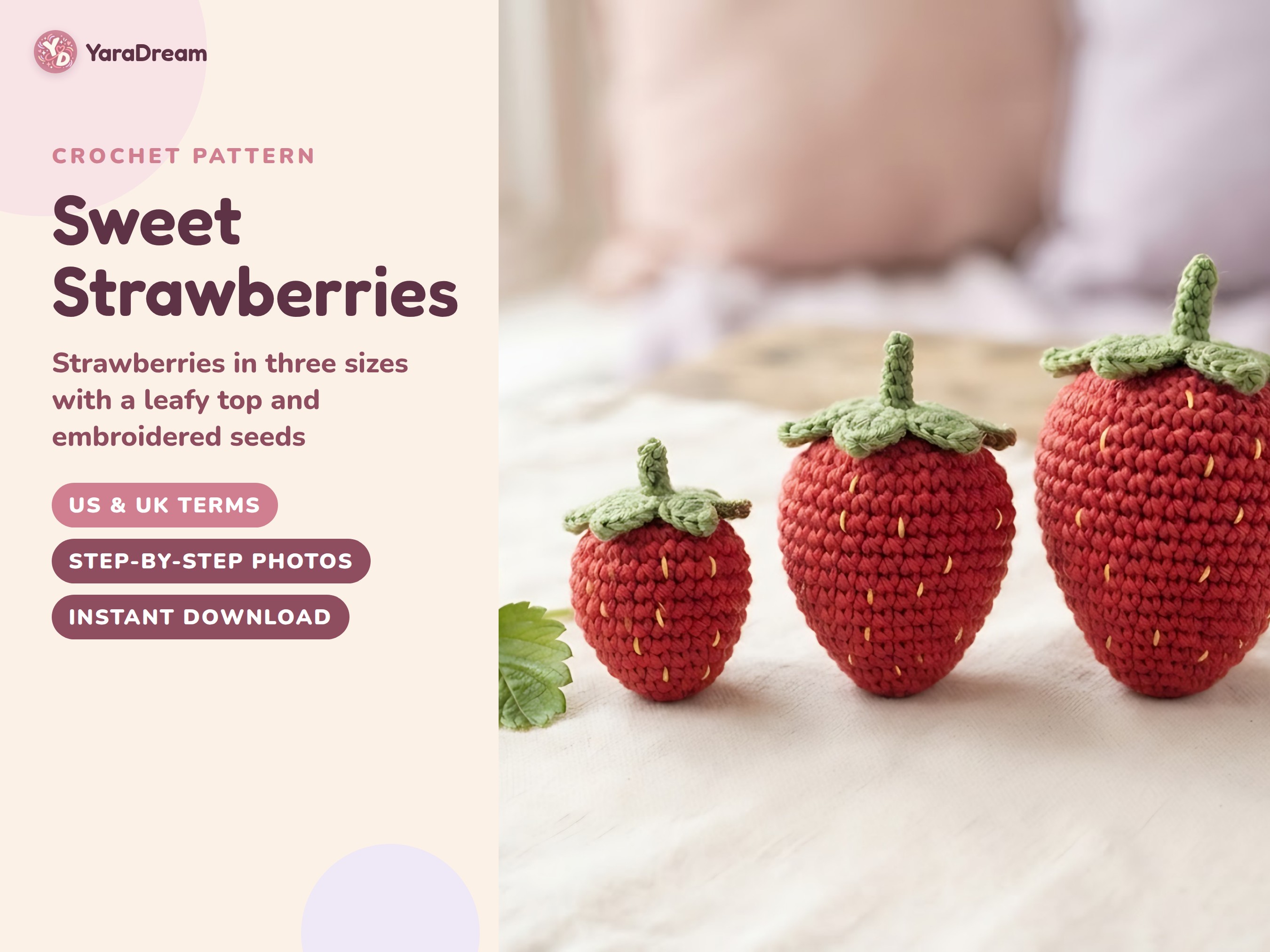 Strawberry Crochet Pattern in 3 Sizes, Amigurumi Play Food PDF, US & UK Terms